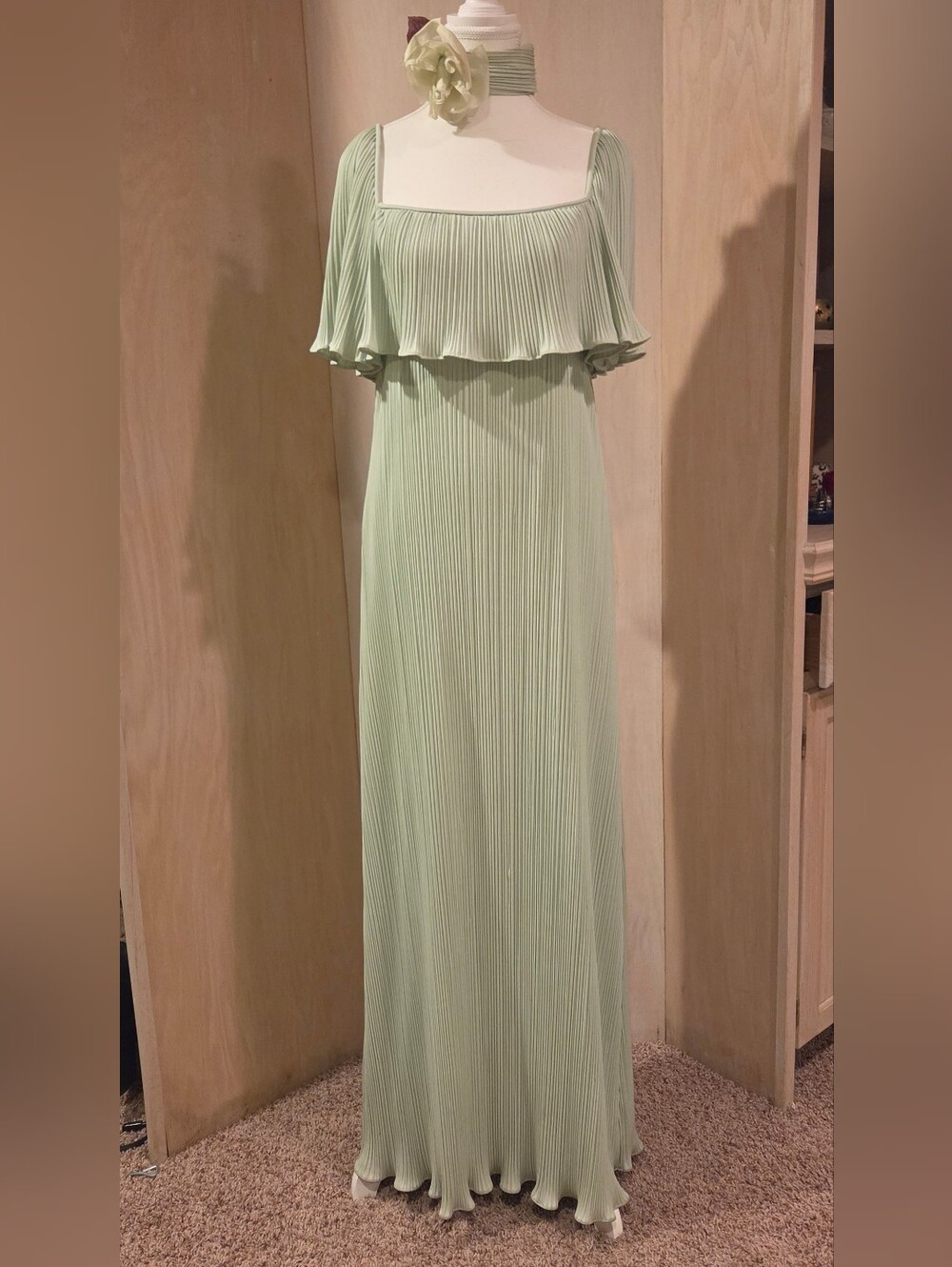Marita by Anthony Muto 70's micro pleated seafom green maxi gown with choker.